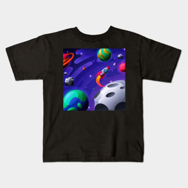 Colorful Outer Space with Planets and Spaceship Kids T-Shirt by TheSkullArmy